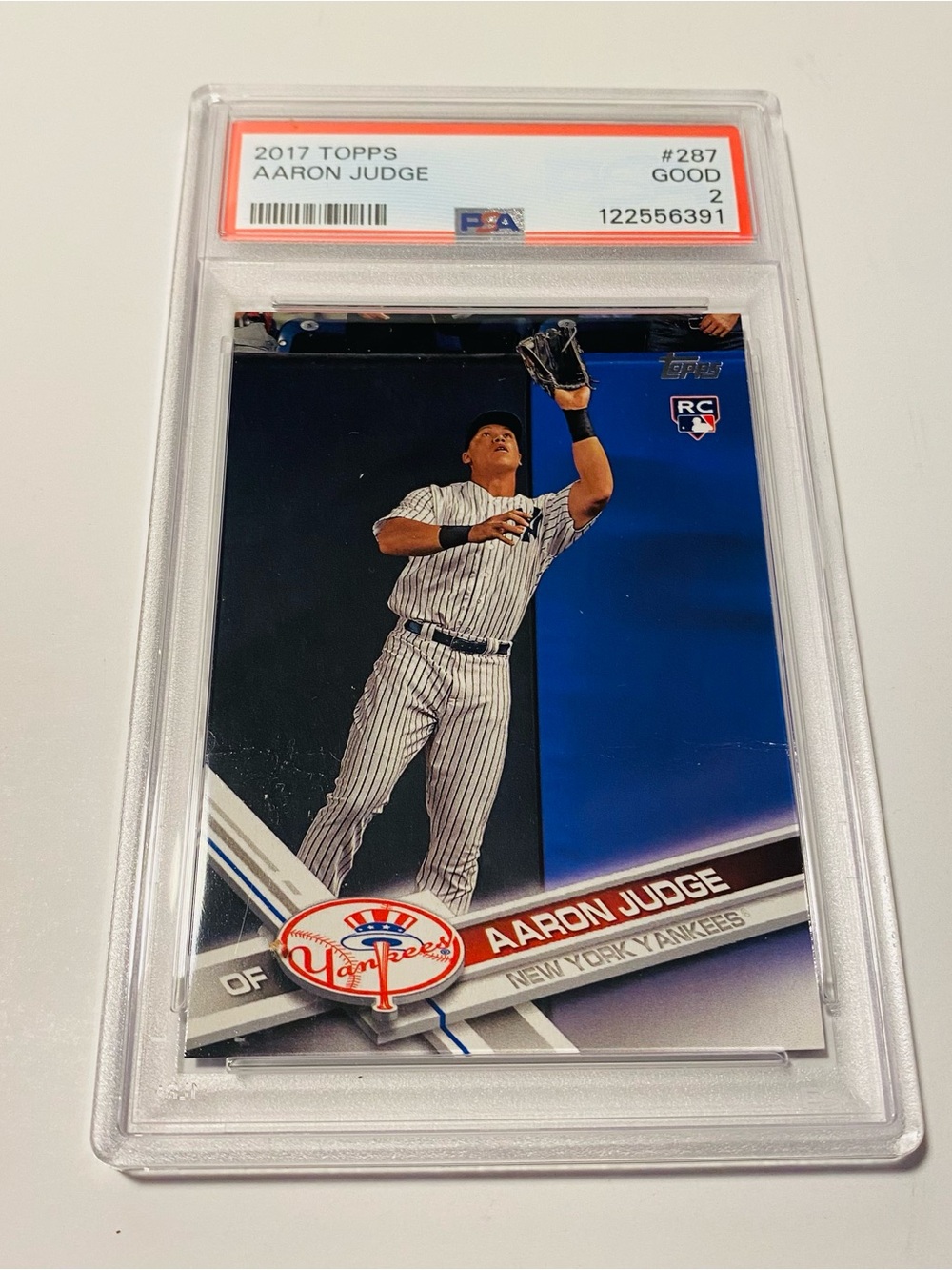 Aaron Judge 2017 Topps Baseball Card - Blue/White Catching Rookie PSA 2